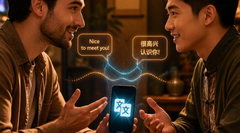 Two men communicating using an AI translation app on a smartphone.