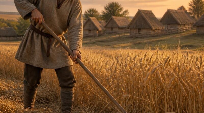 Medieval peasant working in a wheat field at sunset