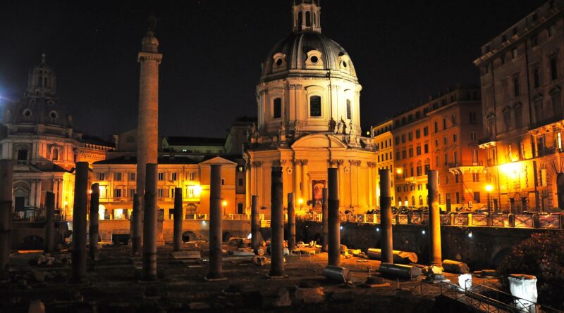 nero rome fire myth - ancient Roman Forum ruins at night